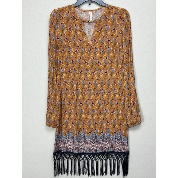 Xhilaration Rust Floral Fringe Hem Small Casual Shift Dress Knee length Boho - Picture 1 of 12